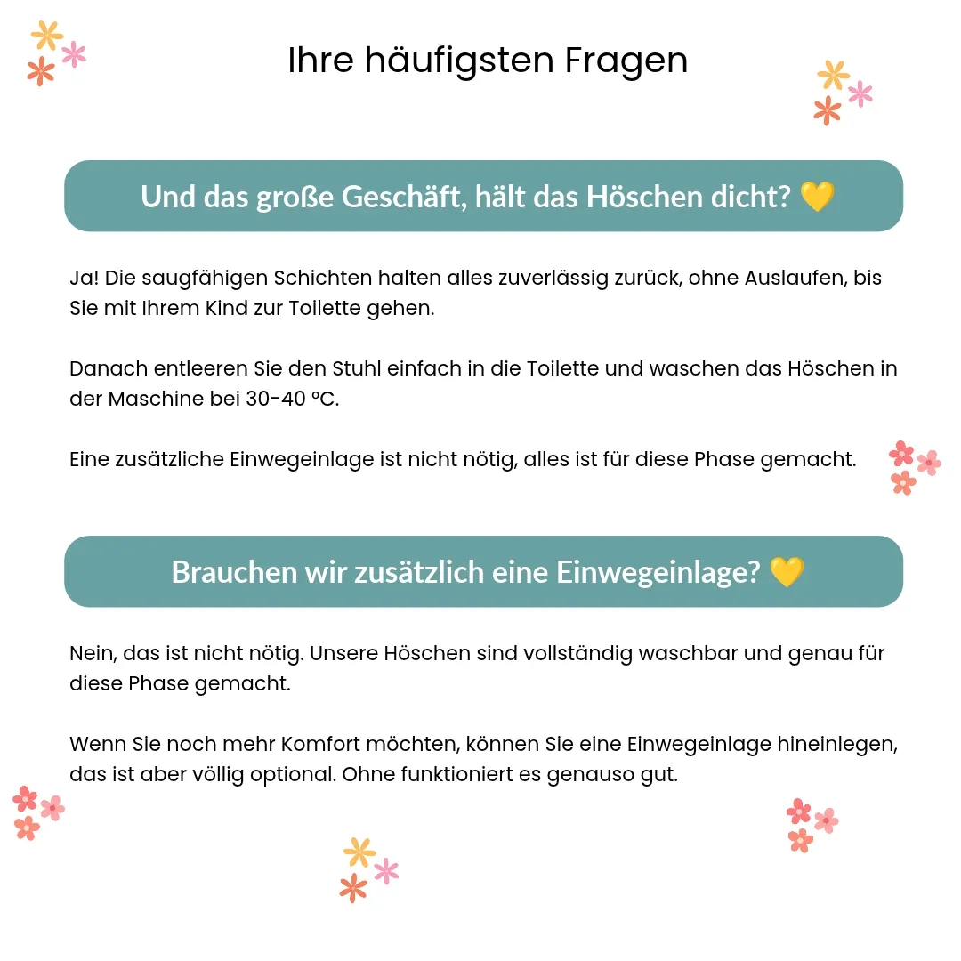 Trainingshöschen fürs Töpfchentraining · Sauber in 2-3 Wochen · 100 % Baumwolle, wiederverwendbar · Leicht anzuziehen ab 18 Monaten