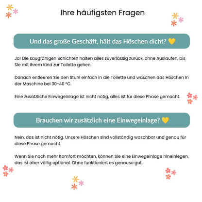 Trainingshöschen fürs Töpfchentraining · Sauber in 2-3 Wochen · 100 % Baumwolle, wiederverwendbar · Leicht anzuziehen ab 18 Monaten