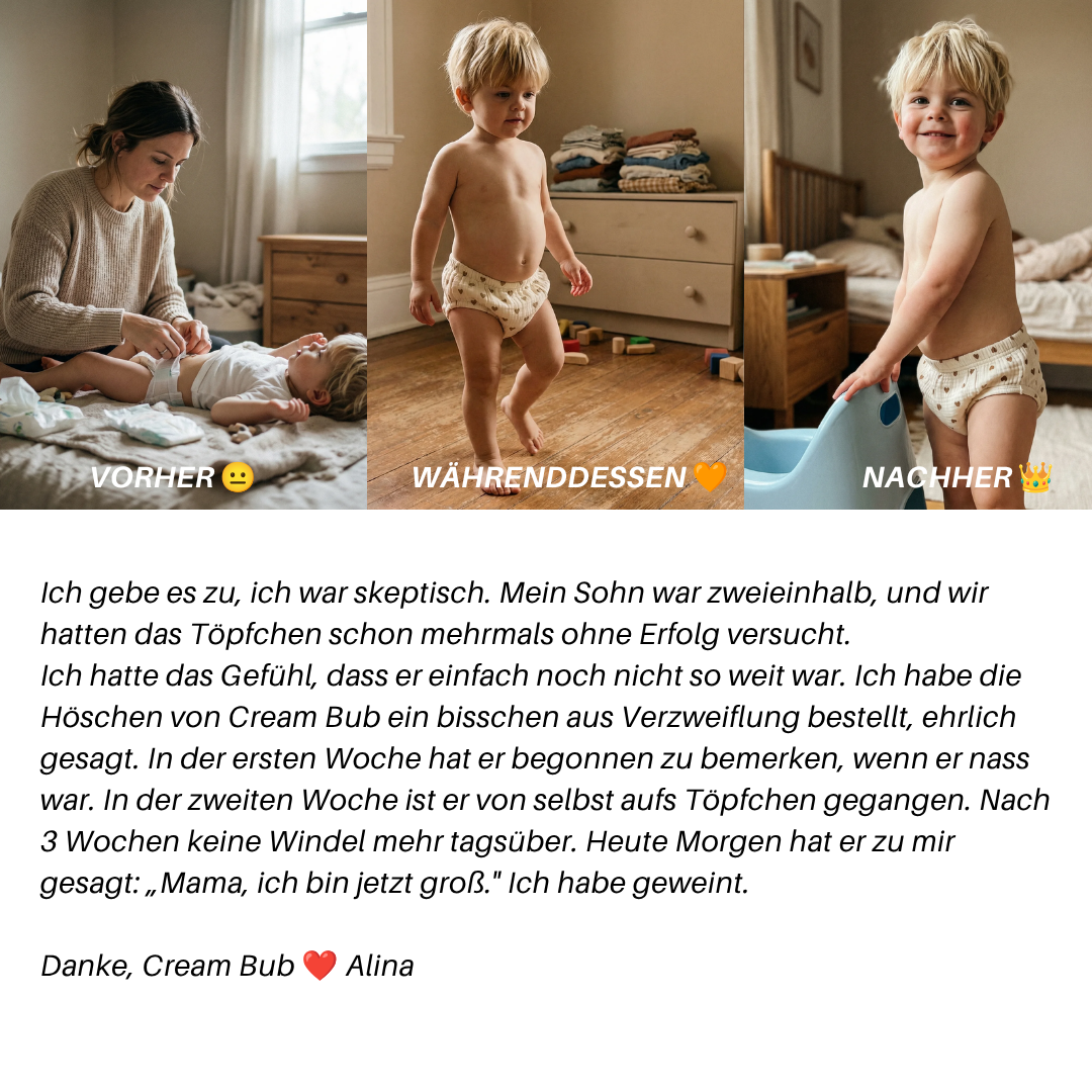 Trainingshöschen · Sauber in 2-3 Wochen · 100 % Baumwolle, wiederverwendbar · Leicht anzuziehen ab 18 Monaten