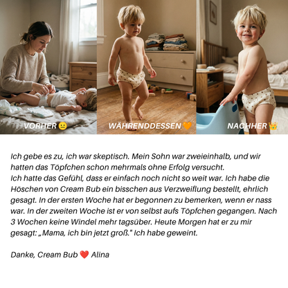 Trainingshöschen · Sauber in 2-3 Wochen · 100 % Baumwolle, wiederverwendbar · Leicht anzuziehen ab 18 Monaten