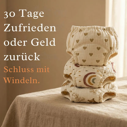 Trainingshöschen · Sauber in 2-3 Wochen · 100 % Baumwolle, wiederverwendbar · Leicht anzuziehen ab 18 Monaten