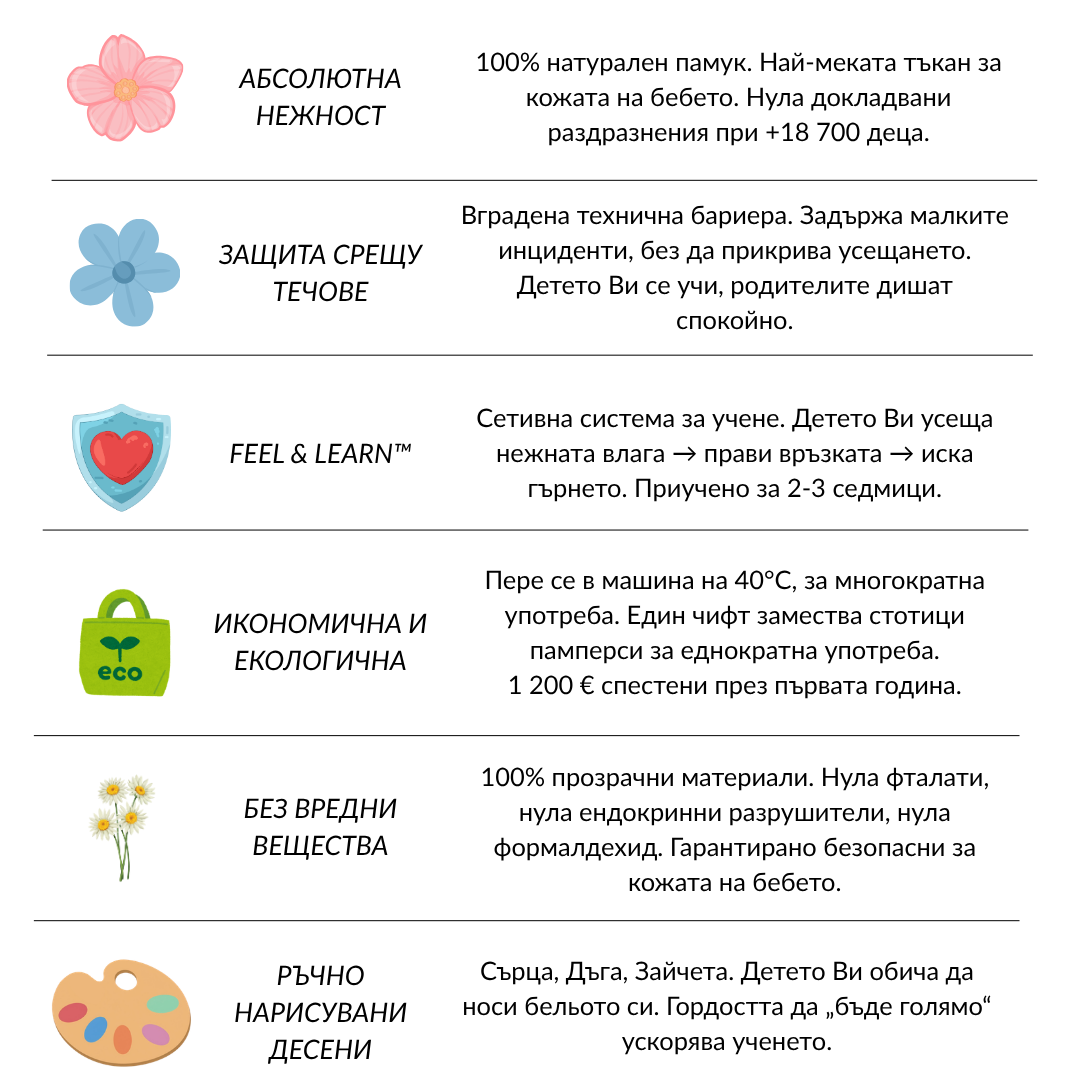 Тренировъчни гащички - Приучено за 2-3 седмици - 100% памук за многократна употреба - Лесно обуване от 18 месеца